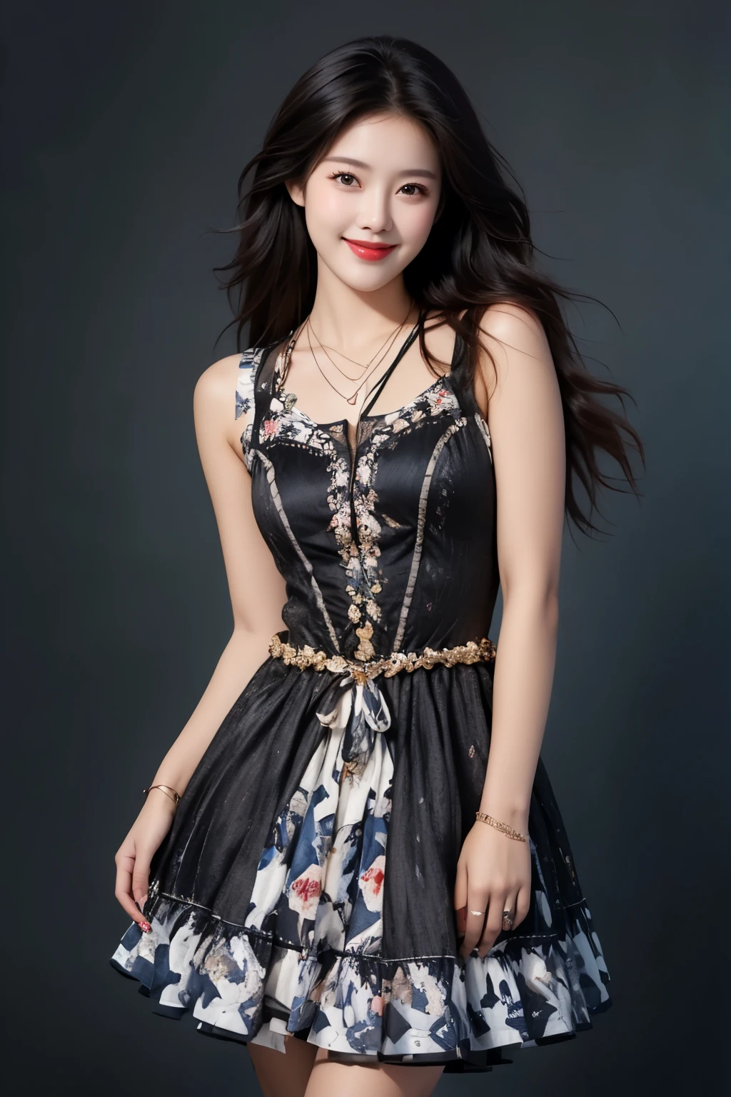 best quality, quality, masterpiece, photorealistic, 1girl, solo, long black hair, looking at viewer, smile, standing, (cowboy shot:1.6), cyb dress, jewelry, necklace, simple background,