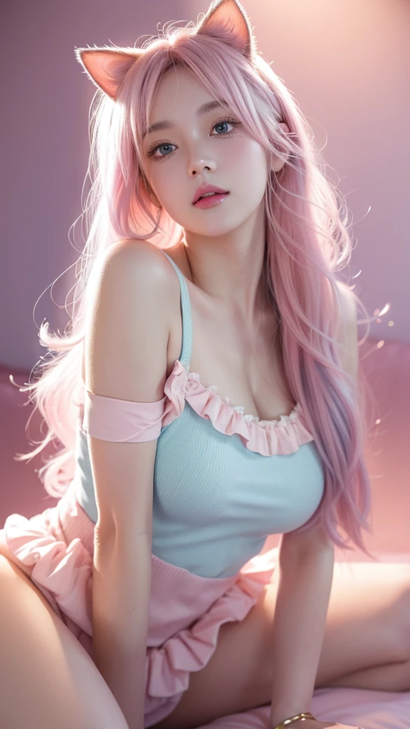 Light blue and pink color scheme，1 sexy girl ，Slender body，white curly hair,　Bright colored camisole
