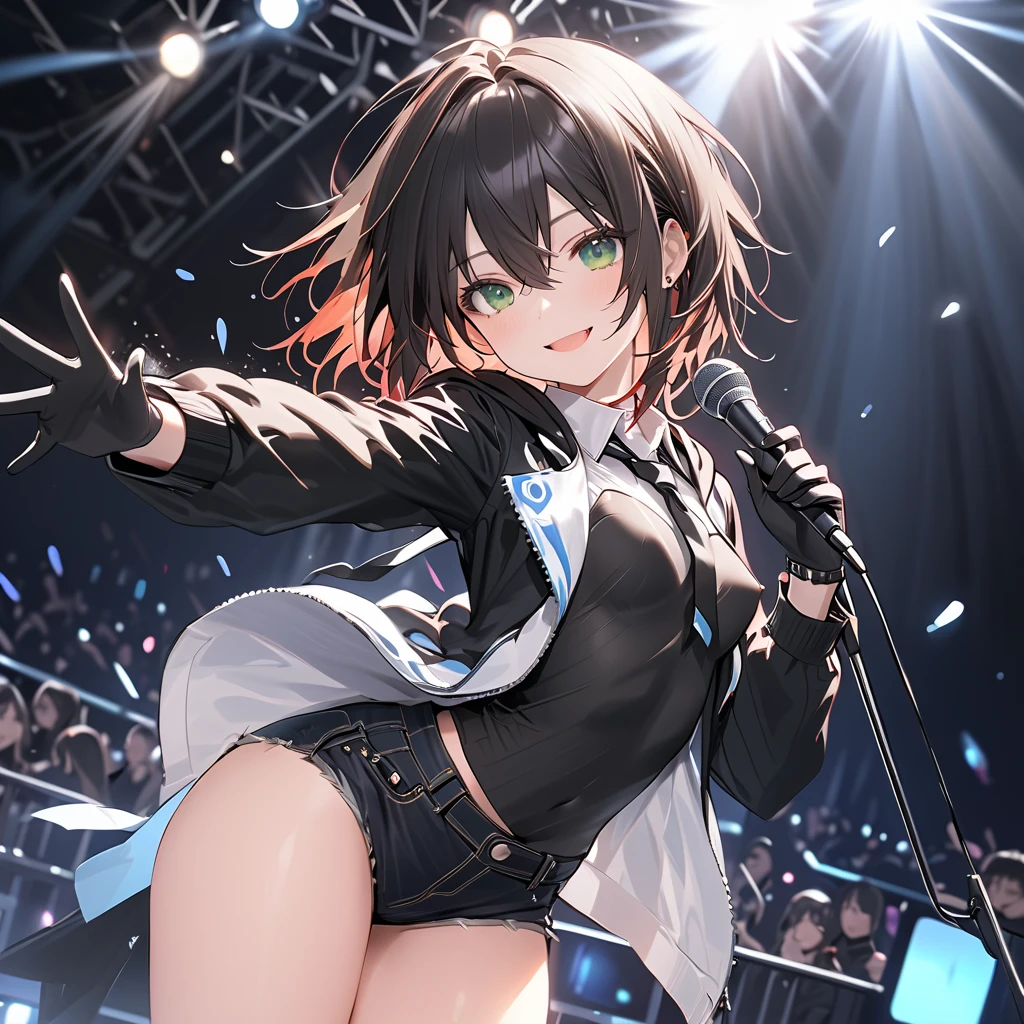 ( Perfect Anatomy), ((32K)), (( top quality )), ((超 high res)), (( high res)), ((超 high res)), ((Highly detailed CG)) , One Girl 、green eyes.smile, black hair, short hair with long locks,( small breasts:1.5),( white button shirt)、(black tie),(black long sleeve hoodie)、(Black gloves),( black denim hot pants),(Thighs:1.5),( singing with microphone :1.5:1.5)、 live stage、 cowboy shot、front,blanc \(Neptunia )\