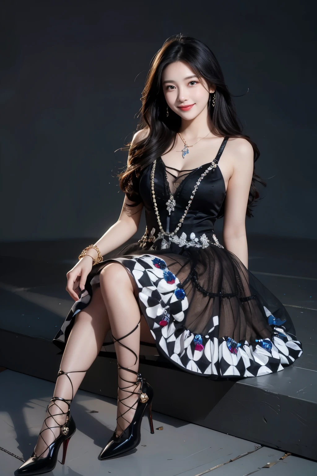 best quality, quality, masterpiece, photorealistic, 1girl, solo, long black hair, looking at viewer, smile, sitting, full body, cyb dress, jewelry, necklace, high heels, simple background, 