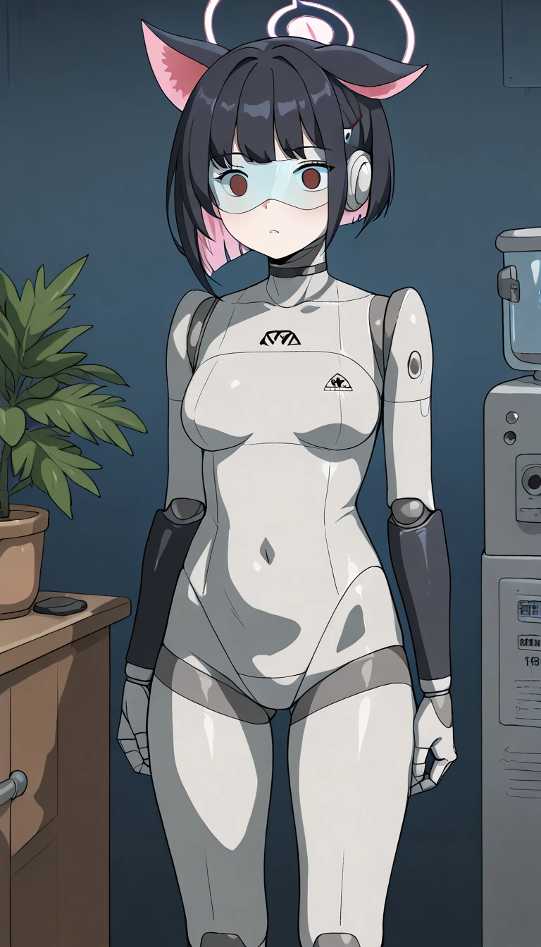 masterpiece, best quality, extremely detailed, (8K, 4K, Best Quality, hight resolution, 超A high resolution:1.1), ,8k portrait, Japaese android Girl,Plump , dark black leg cover,announcer,control panels,android,Droid,Mechanical Hand, Robot arms and legs, Black Robot Parts,Black long hair,Mechanical body,Blunt bangs,perfect mechanical abdomen,White robotics parts,perfect robot woman,future laboratory,cyber pank,charging spot,laboratory,long tube,thick cable connected her neck,white ceramic body ,perfect mechanical body, white robot body,lod antenna,mechanical ear cover,android,robot humanoid,black sponge joints,The removable cover is in the groin,The connection port is in the groin,opened chest panel,access panel on the chest,opened breast panel,perfect mechanical breast,perfect black machine body,perfect black android body,She has repaired,assembly plant,no human skin,visor,mistyrobot,kazusa(blue archive),robot joint,doll joint,black robot legs,usbport in the side of neck,malfunction,black tight bodysuit,empty eyes 