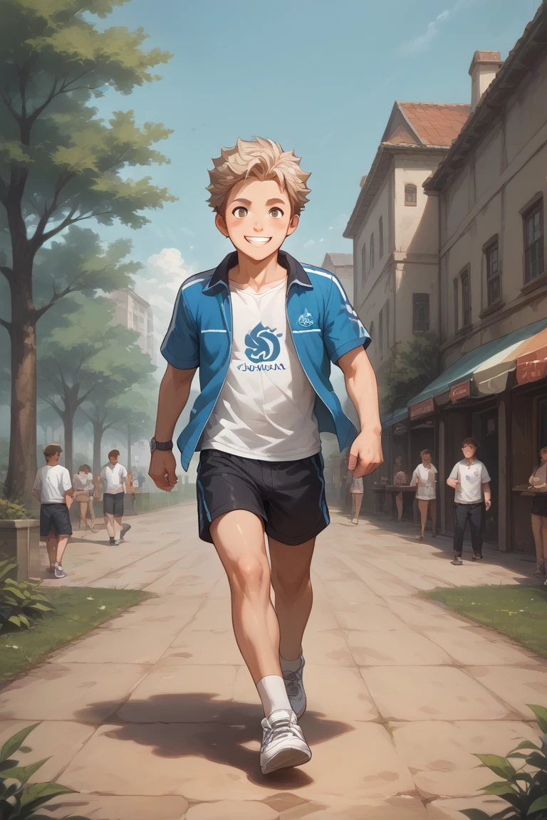 Draw a picture 。There are 4 characters in this picture。The main character is a smiling young man doing parkour.。Behind him is a boy who announces dangerous areas.。Running alongside him is a man in his 30s who calculates the optimal route and guides him.。Looking on with a happy look is a semi-transparent man in his 20s whose feet are fused with the ground.。