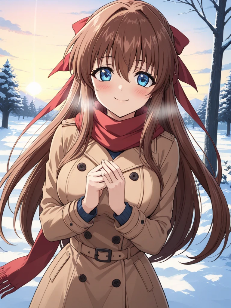 masterpiece, best quality, KanzakiAoi, 1girl, solo, long hair, brown hair, blue eyes, large breasts, hair ribbon,  smile, happy, blush, Trench Coat and Scarf, very Cute and warm clothes, cold winter night, cinematic angle,