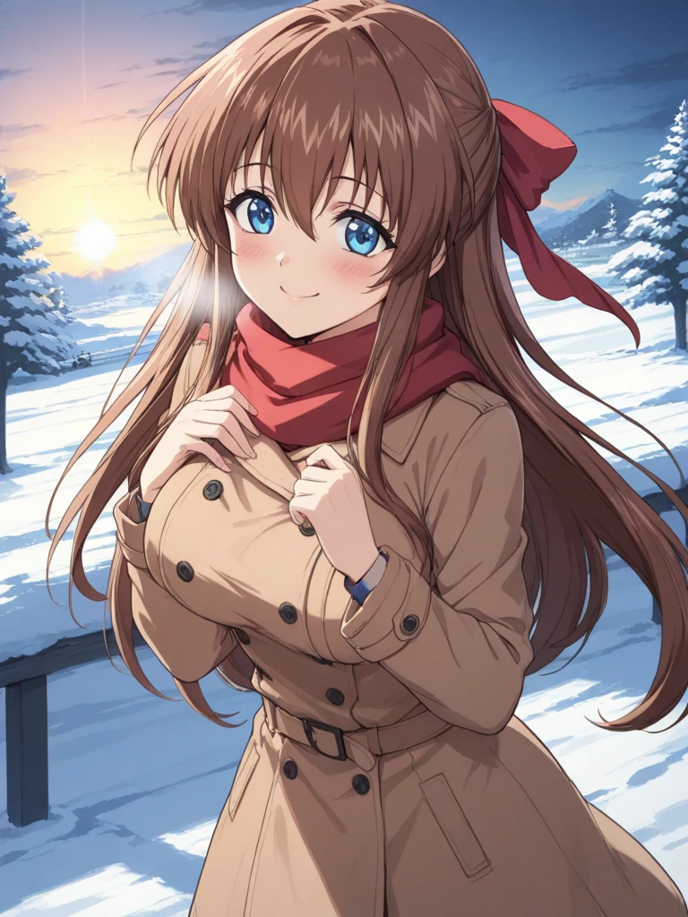 masterpiece, best quality, KanzakiAoi, 1girl, solo, long hair, brown hair, blue eyes, large breasts, hair ribbon,  smile, happy, blush, Trench Coat and Scarf, very Cute and warm clothes, cold winter night, cinematic angle,