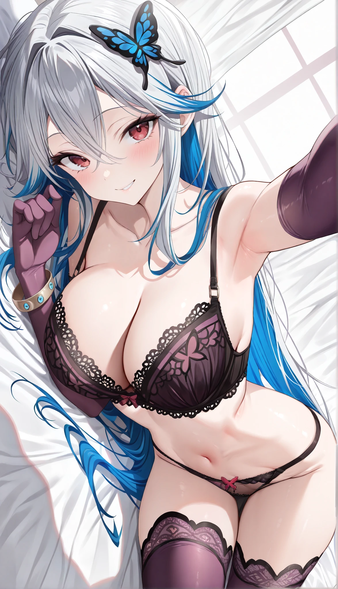 1girl, underwear, elbow gloves, from above, eyelashes,bracelet,random expressions:0.6,teasing:1.33,very long hair,beauty,multi colored hair,,slim body,dutch angle:0.6,large breast, silver hair, looking at viewer, collarbone, panties, thigh highs, lingerie, (utsita:0.644),selfies,(visual impact:1.2),pop,(aeri:1.33)side locks, hair between eyes, red eyes, armpit, lace-trimmed bra, on side, bed sheet, butterfly hair ornament, masterpiece,hand out of frame,(very aesthetic:1.3),masterpiece, best quality,purple legwears