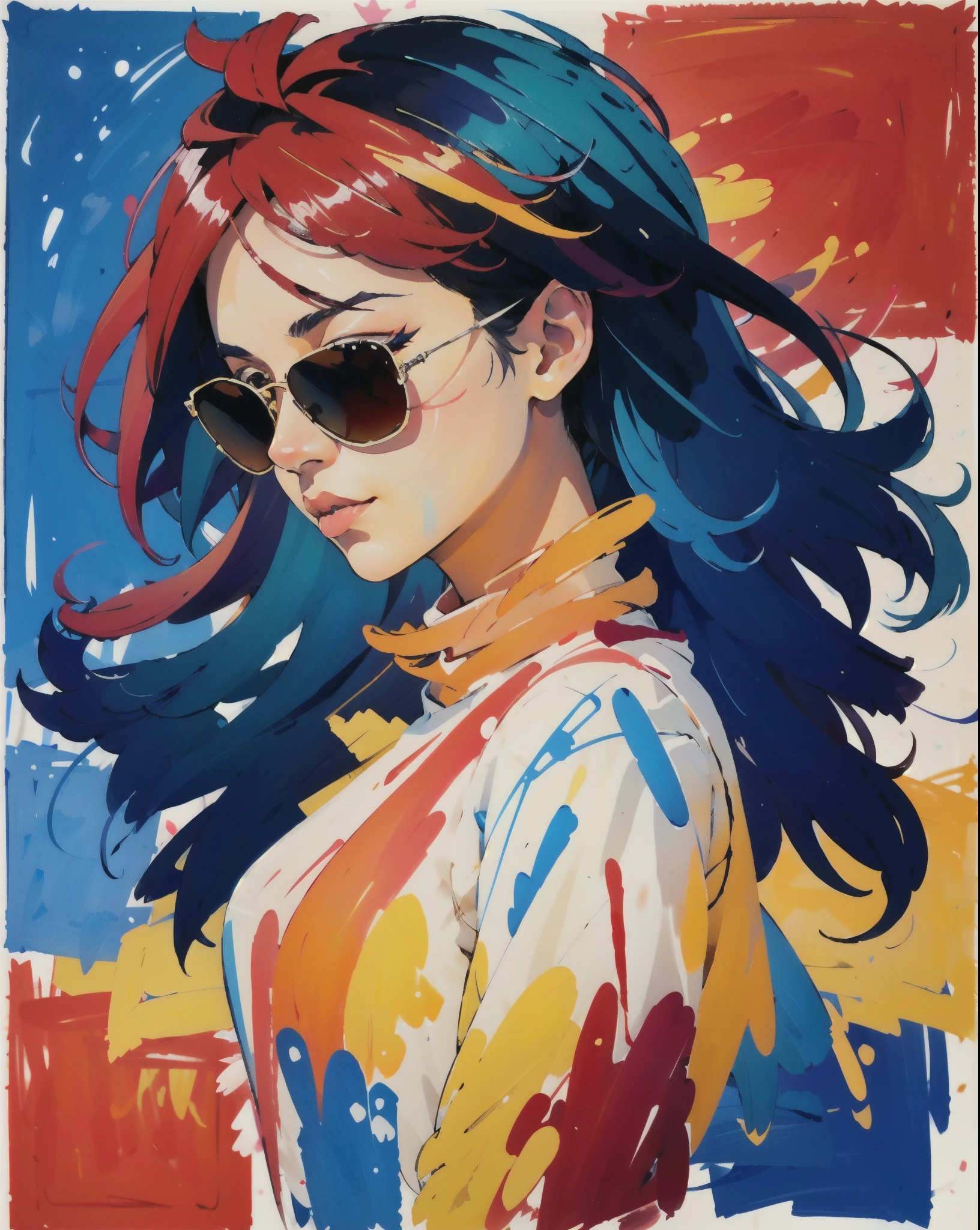 Brush strokes oil painting [A young woman with dark bobbed hair, wearing red and black vertical striped turtleneck dress and sunglasses, stands confidently, exuding a cool and slightly defiant mood.], [Digital painting, semi-realistic style with anime influences], [Reference style of Greg Rutkowski and Syd Mead for the character design and lighting], [Warm red background, sharp focus on the subject, soft lighting with highlights on the hair and sunglasses, rich and saturated colors, smooth skin texture with subtle shading, minimal background details, high-resolution rendering.]