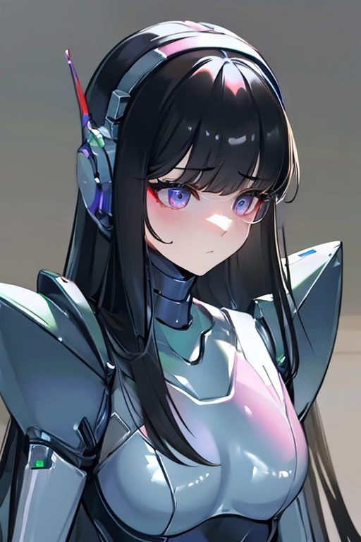 empty eyes,robotized woman ,big bust,Robot Joint ,Metal skin,Black suit,long hair