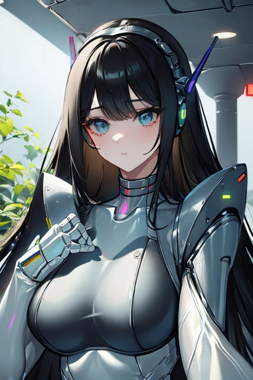 (masterpiece),(Highest quality),(Super detailed),(Best illustrations),(Best Shadow),(Absurd),(Detailed Background),(so beautiful), 16K, 8K, 4K,(Best Shadow),robotization,woman ,big bust,Robot Joint ,Metal skin,Black robot Suit,long hair,a black robot suit that covers the whole body,robot hand,cyber bodysuit,mecha head,(Detailed hands and fingers:1.2),Ball joint robot body,doll joint,beautiful face,beautiful robot girl,robotic eye,robotic hands,(no more human skin),android girl,cyborg girl,F cup, sexy body,(machine made joints:1.2),(machanical limbs:1.1),(blood vessels connected to tubes),(mechanical vertebra attaching to back),(mechanical cervial attaching to neck),no messy picture style,no emotion