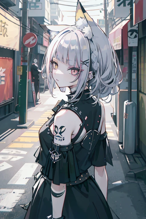 straight fadecut haired, Punk Girl, Without mohawk sleeves, The tattoo, head phone, 🎧, goth_punk, 1girl in, solo, medium shot, Walking in Harajuku, ((during night)), bokeh dof, Neon light, Iridescent eyes, gray eyes, glowing blue long hair, Black eyebrows, Radiant hair, (iridescent red hair), lots of earrings, labret, facial piercings, bangs, jewelry, masks, blunt bangs, Mouth mask, blurry background, blurry, hair adornments, Look at viewers, short hair, portraitures, side look, goth, (masterpiece), (Portrait), (Aesthetic), (Beautiful), (upper body), (High quality), (aesthetic clothings), (professional angle), (thirds rule), (Feminine), (Woman), (Female), (Beautiful), (Feminine features), (25-years old), Solo, 1 woman, (Charming punk girl), Dramatic light, ((Playing guitar)), (Standing), Edgy makeup, (huge breasts), (Front face), (Defiant expression), ((defiance)), (Leather jackets and tattoos), ((Short hair)), (dyed (E.G. and pinks) hair), (spiky hair), (Thick hair), matte Shine Hair, (Hair bands scattered in the hair), (gray eyes), (Bold and bold look), (pale skin), (Dark clothes), (Band T-shirt), (Ripped jeans), (-), crew neckline), ((Urban alley background)), (up close shot), Beautiful hands, Two hands, normal hands, Two arms, complete hands, Beautiful body, Beautiful fingers, normal fingers, Five Fingers, Five Fingers, (Thumb index finger ring finger), Beautiful ears, normal ears, Beautiful eyes, shiny eyes, Beautiful mouth, Beautiful lips, tatoos, black gloves,
