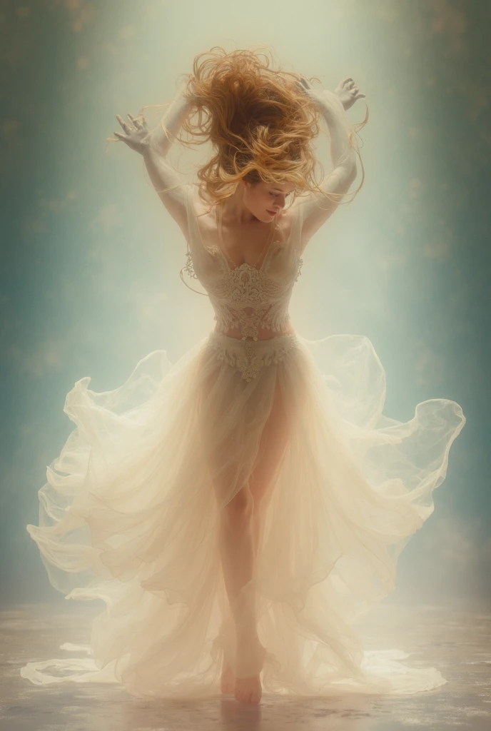 translucent ghost of a ballerina dancing in the rays of moonlight