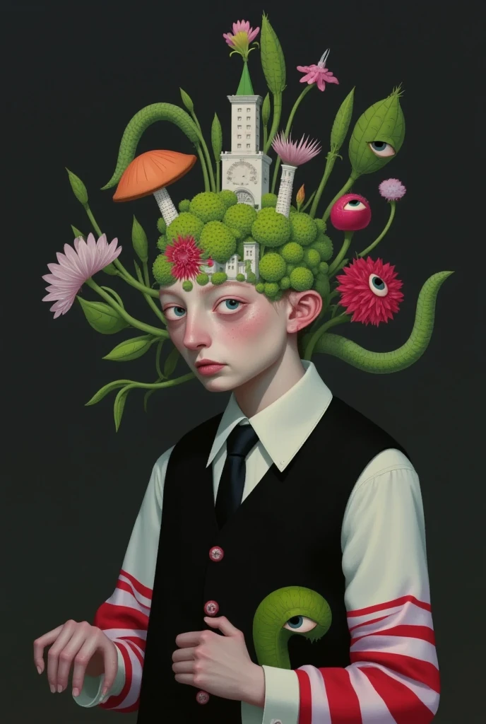 Strange objects and buildings on the head of a faceless person。Plants with eyes。Inspired by Medusa，The Third Eye