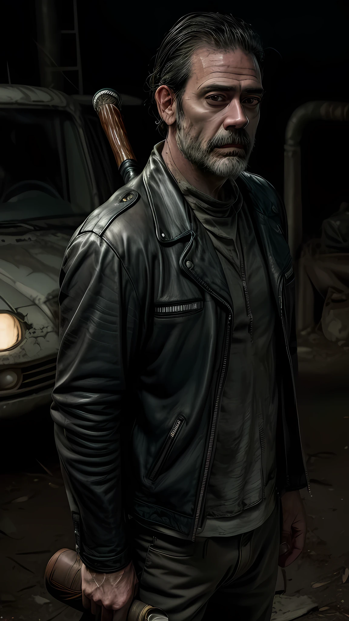 ((ultra detailed, masterpiece, absurdres)), WDNegan, n3ga01,  Jeffrey Dean Morgan as Negan Smith (The Walking Dead), Arafed man in a black leather jacket holding a baseball bat, the walking dead, Negan Smith In the walking dead, he is very threatening and evil, Dark background, with a baseball bat, Expressive !!!!!, tough composition, smirk, intimidating pose, Jeffrey Dean Morgan is Negan Smith from The Walking Dead