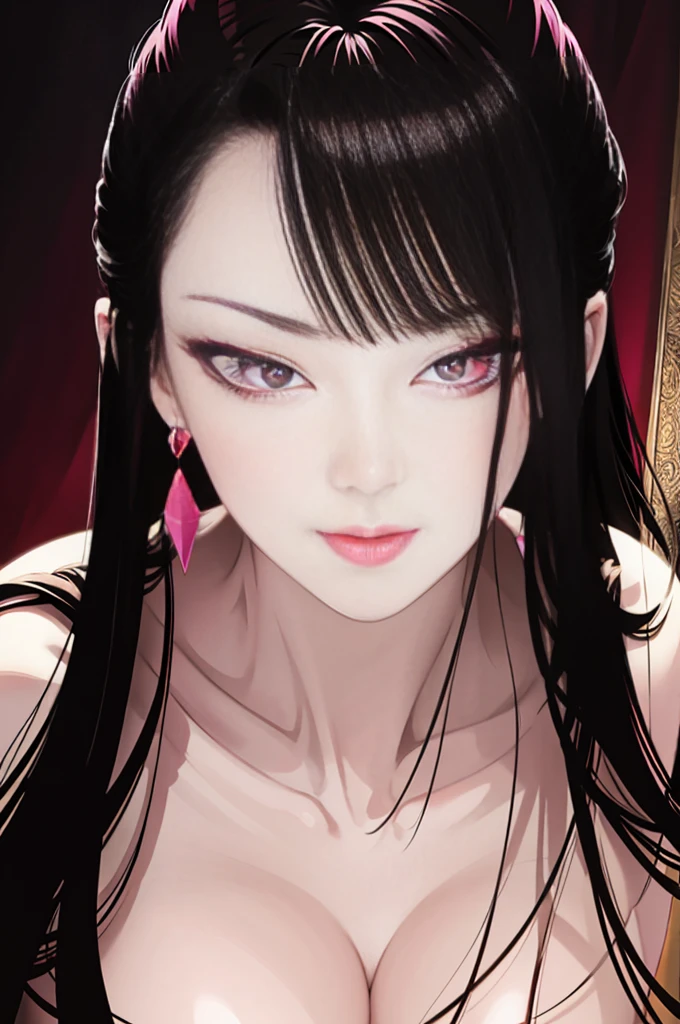 tsuruta ichiro, Narrow-eyed, 1girl in, Dynamic angles、sideways Facing、Luxurious dresses,deadpan、short-hair、shorth hair、brow、A dark-haired、Tucked Hair Solo, ((mideum breasts)), ( Thin slit eyes)、Black eyes, Light shines on the eyes、Black hair, gloves, Dress, Luxurious Jewelry, earrings, sharp eye、 elbow groves, Makeup for long eyes, (Slender eyes)、lip stick, Rim Light, Back Light, Studio Lighting,unity 8k wall paper、ultra-detailliert、Beautifully Aesthetic、masterpiece、top-quality、ighly detailed、The most beautiful forms、elegent、