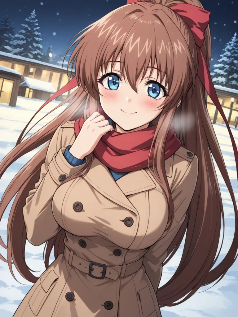 masterpiece, best quality, KanzakiAoi, 1girl, solo, long hair, brown hair, blue eyes, large breasts, hair ribbon, high ponytail, smile, happy, blush, Trench Coat and Scarf, very Cute and warm clothes, cold winter night, cinematic angle,