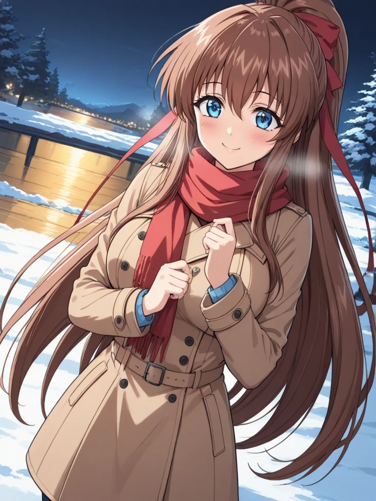 masterpiece, best quality, KanzakiAoi, 1girl, solo, long hair, brown hair, blue eyes, large breasts, hair ribbon, high ponytail, smile, happy, blush, Trench Coat and Scarf, very Cute and warm clothes, cold winter night, cinematic angle,