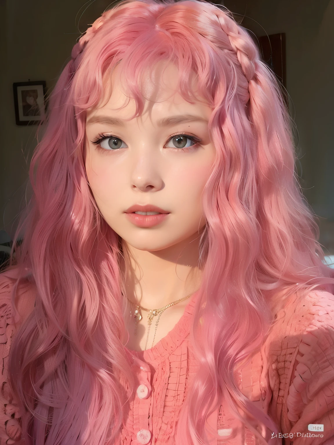 a close up of a person com cabelo rosa and a pink shirt, cabelo rosa cacheado, com cabelo rosa, Flowing pink hair, cabelo rosado e ralo, long Flowing pink hair, bubblegum hair, cabelo longo de chiclete, pastel rosa, maquiagem pastel, long hair with pastel colors, tom de pele rosa pastel, pastel gothic aesthetic, messy curly pastel hair, cabelo rosa claro com chamas rosa