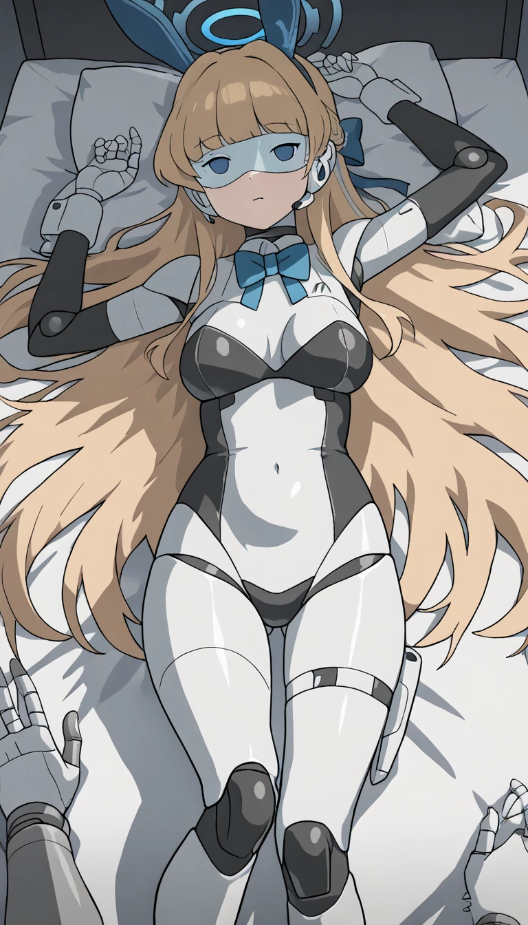 masterpiece, best quality, extremely detailed, (8K, 4K, Best Quality, hight resolution, 超A high resolution:1.1), ,8k portrait, Japaese android Girl,Plump , dark black leg cover,announcer,control panels,android,Droid,Mechanical Hand, Robot arms and legs, Black Robot Parts,Black long hair,Mechanical body,Blunt bangs,perfect mechanical abdomen,White robotics parts,perfect robot woman,future laboratory,cyber pank,charging spot,laboratory,long tube,thick cable connected her neck,white ceramic body ,perfect mechanical body, white robot body,lod antenna,mechanical ear cover,android,robot humanoid,black sponge joints,The removable cover is in the groin,The connection port is in the groin,opened chest panel,access panel on the chest,opened breast panel,perfect mechanical breast,perfect black machine body,perfect black android body,She has repaired,assembly plant,no human skin,visor,mistyrobot,asuma toki(blue archive),smile,spread arm,robot joint,doll joint,robotization,lying,rabbit ear,bunny suit,empty eyes