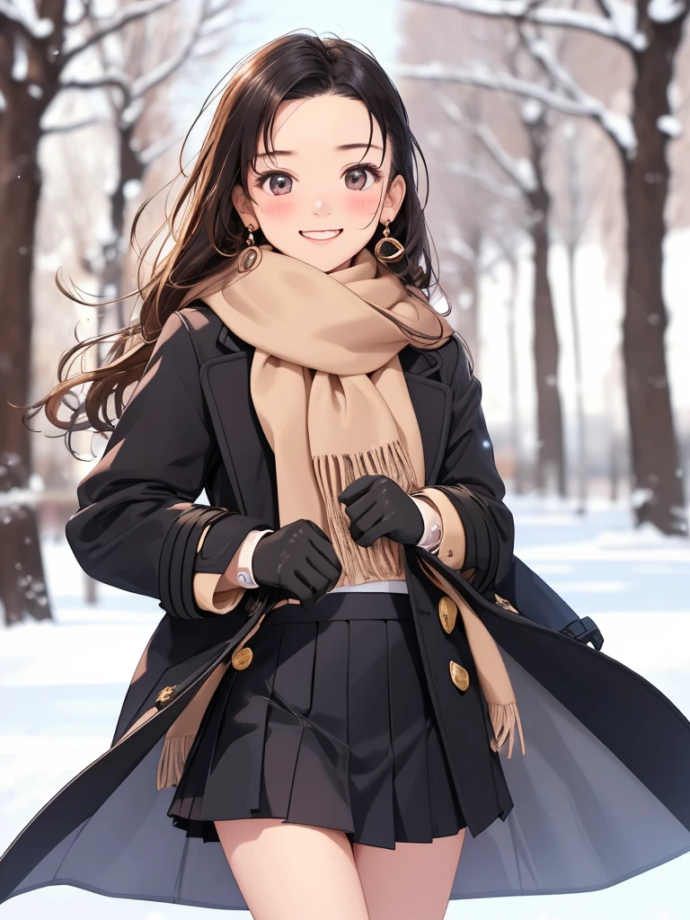 masterpiece、 high res、 1 girl 、One person、whole body、woman、 light smile 、blush、Mid-chest、 skinny、 real、20 years old、 Single 、solo、 beauty、 perfect body、(( school uniform、 black mini skirt)) ,  duffle coat、 scarf、 cowboy shot、 earrings for women with first name、gloves、Winter Scenery、