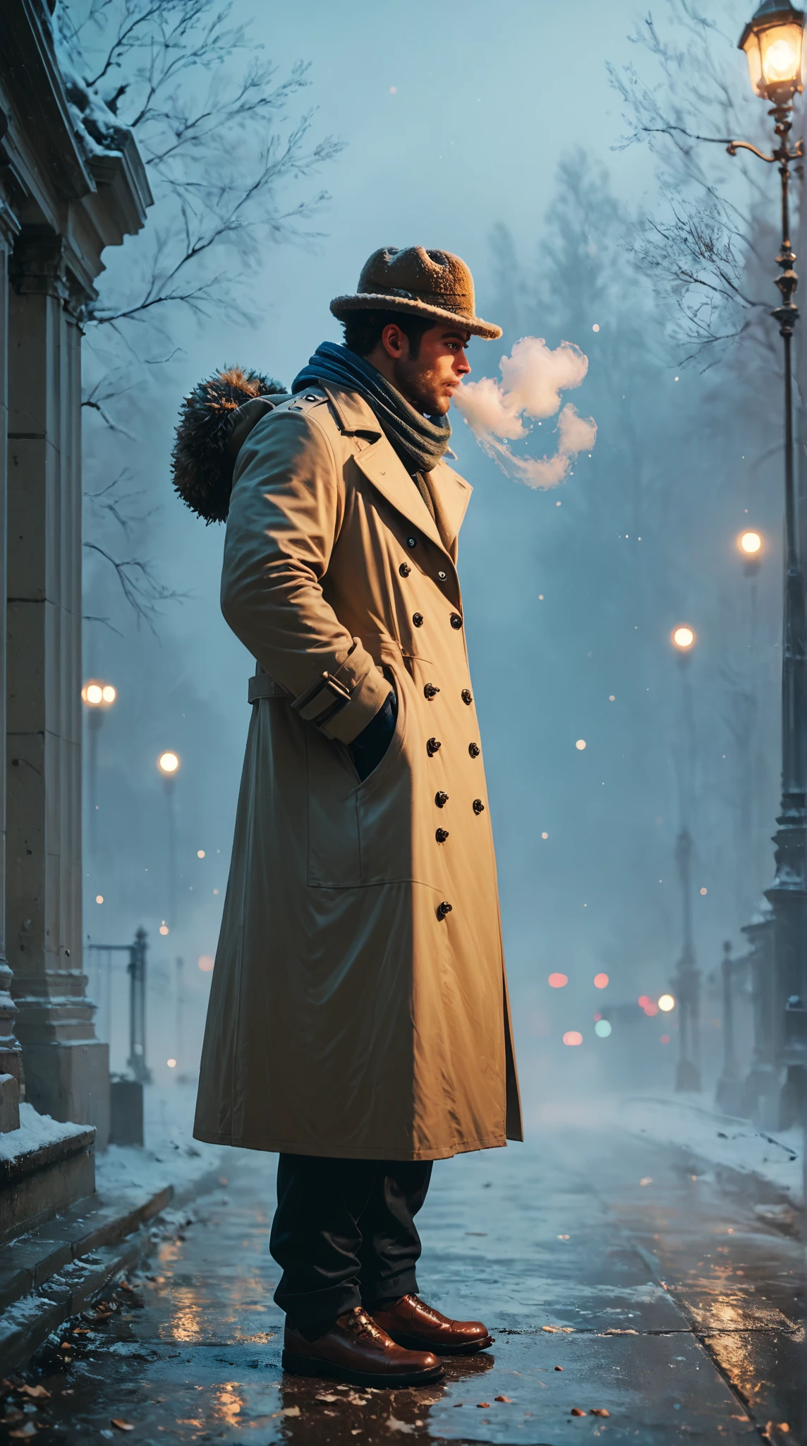 score_9, score_8_up, score_7_up, score_6_up, masterpiece, best quality, man, solo, low angle, trench coat, scarf trailing in the air, looking up the sky, cold breath, night, dim, simple background, snowing