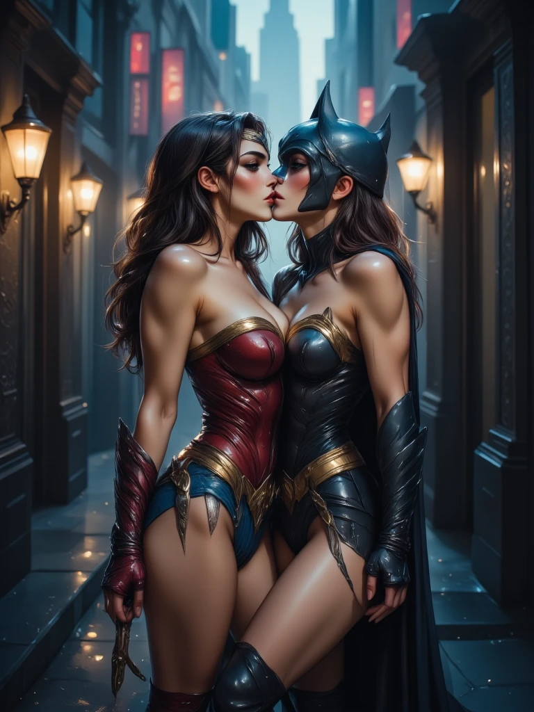 Sexy Wonder Woman and sexy Batgirl lesbian kiss