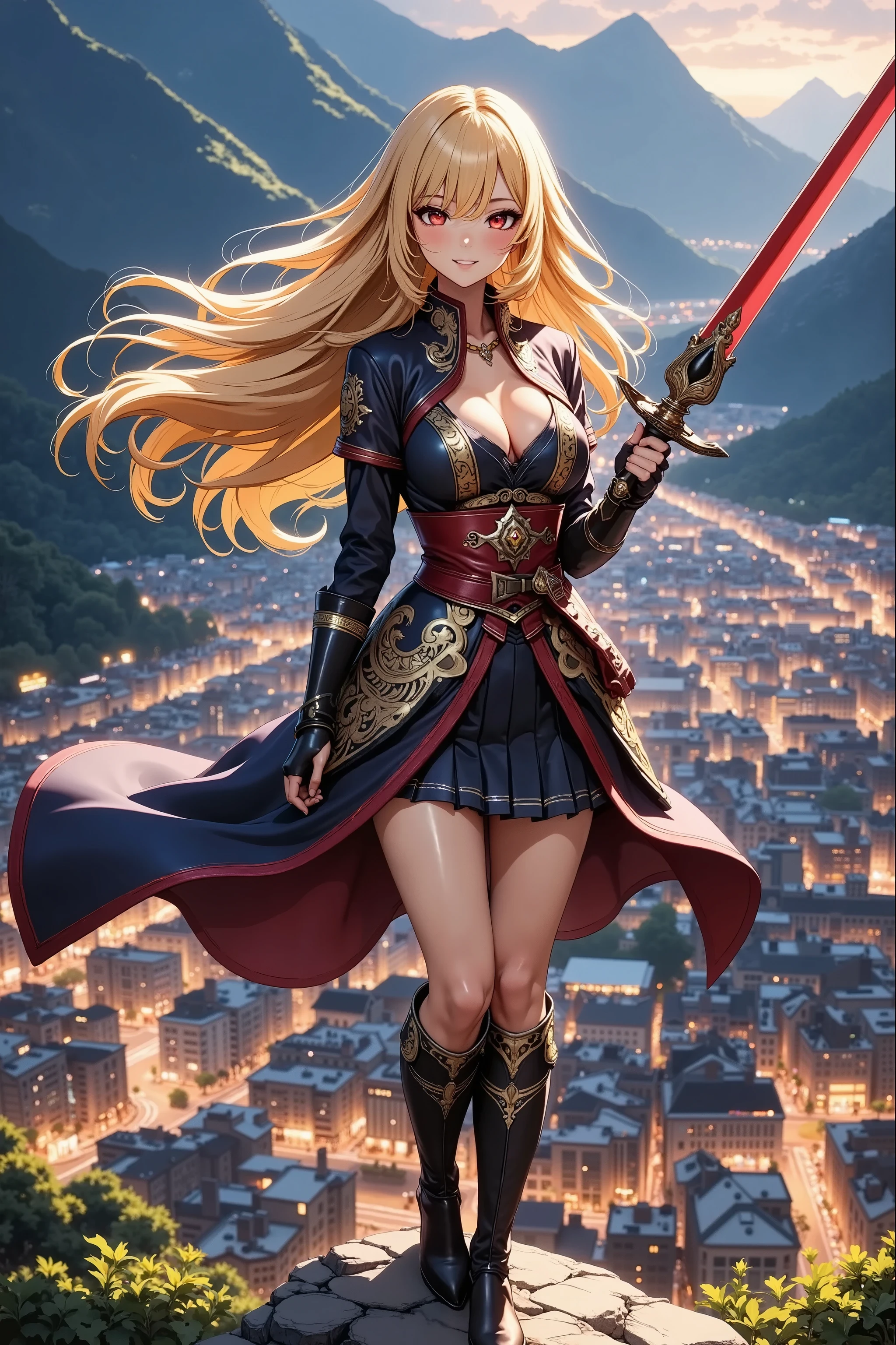 An uninouchi overlooking the town、Magic Sword、Sengoku Warlord Armor、glossy brown skin, small breasts, video, yellow hair, inviting, top quality, textured skin, thin legs, high heels, movie light effect, Mountain top, Big city night view 