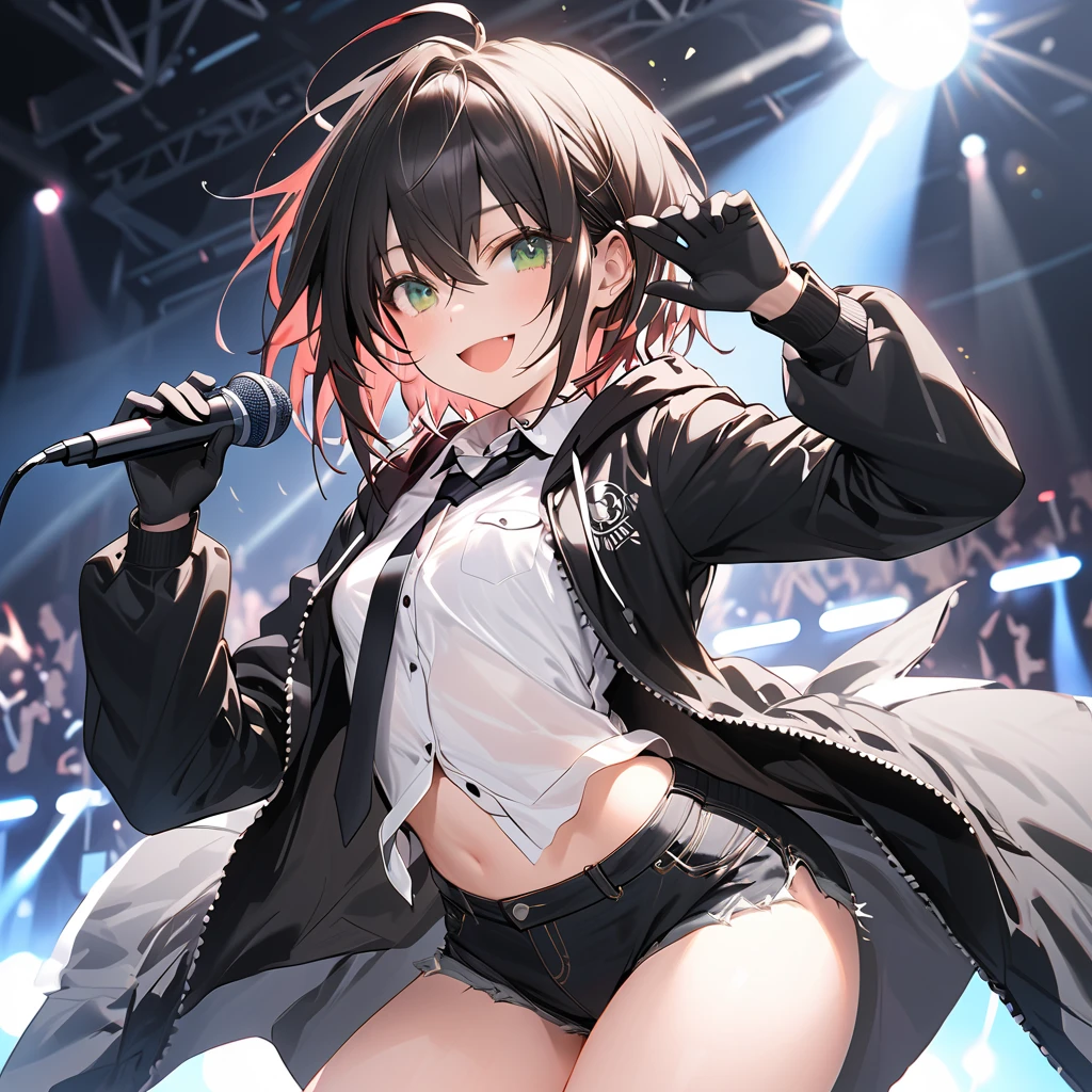 ( Perfect Anatomy), ((32K)), (( top quality )), ((超 high res)), (( high res)), ((超 high res)), ((Highly detailed CG)) , One Girl 、green eyes.smile, black hair, short hair with long locks,( small breasts:1.5),( white button shirt:1.5)、(black tie:1.5),(black long sleeve hoodie:1.5)、(Black gloves),( black denim hot pants),(Thighs:1.5),( singing with microphone :1.5:1.5)、 live stage、 cowboy shot、front,blanc \(Neptunia )\