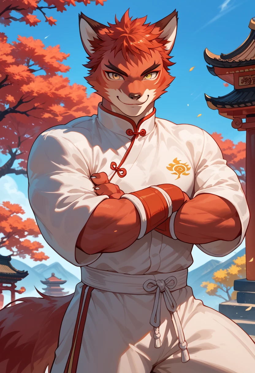 man, red fox, red fur, athletic physique, yellow eyes, open Kung Fu outfit, Kung Fu, fighter, Chinese temple in background, blue sky, smile, arms crossed, thin