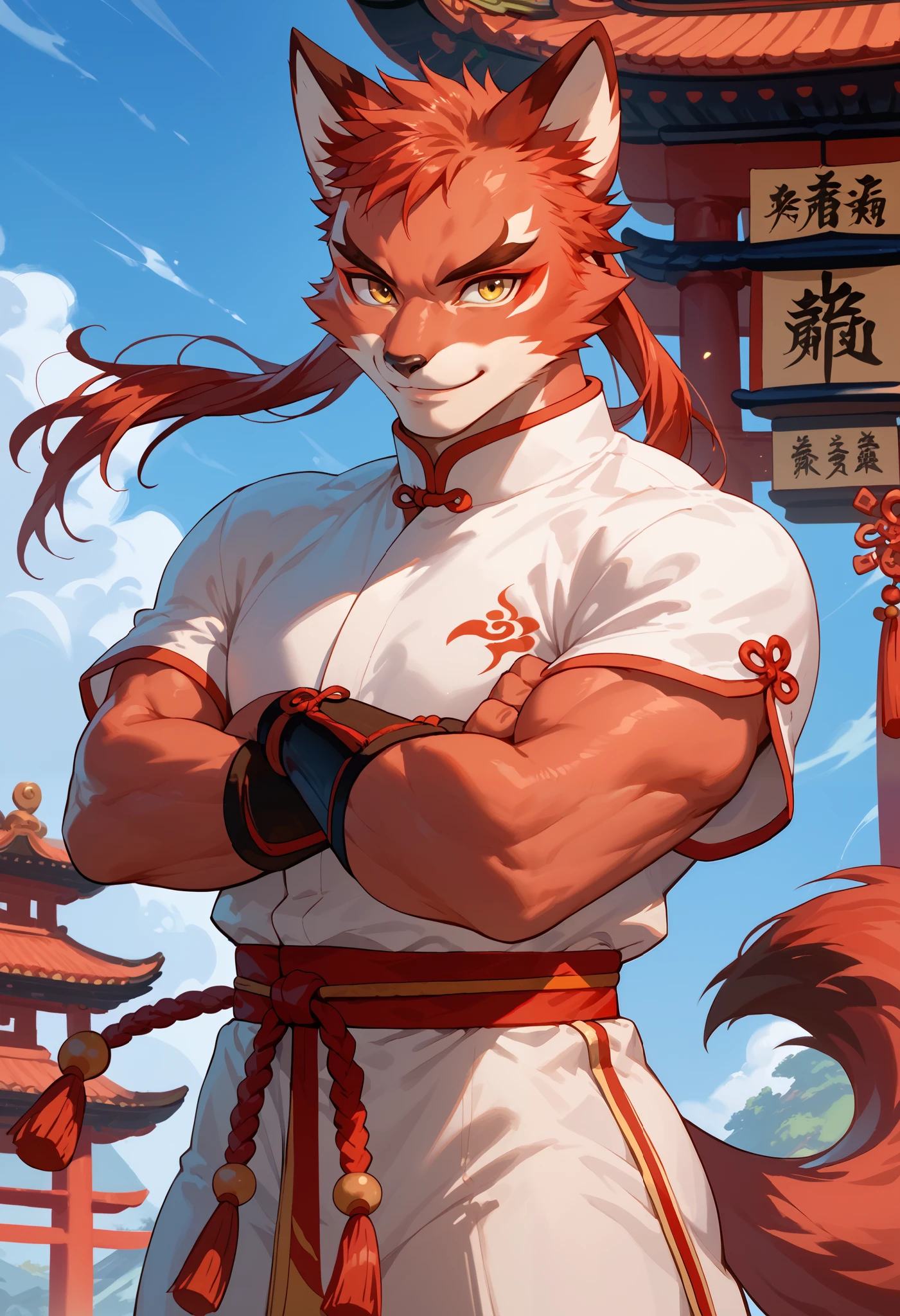 man, red fox, red fur, athletic physique, yellow eyes, open Kung Fu outfit, Kung Fu, fighter, Chinese temple in background, blue sky, smile, arms crossed, thin