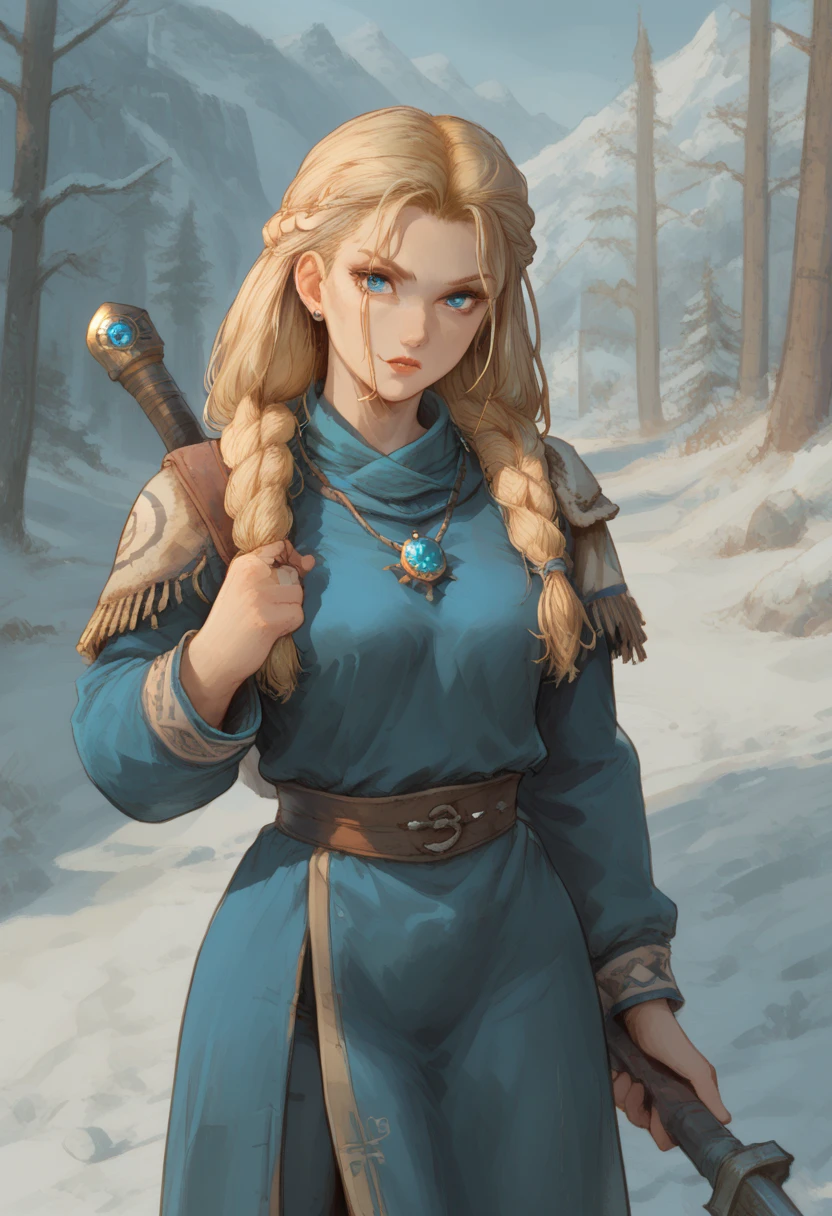 Create an illustration of a fierce Viking warrior woman. She has shoulder-length, tousled blonde hair adorned with braids. Her face is marked with intricate blue war paint, symbolizing her status and bravery. She wears a brown leather tunic with fur accents, showing her readiness for battle. Around her neck hangs a large, blue gemstone pendant, possibly signifying her rank or connection to magic or leadership. Her expression is stern and determined, with piercing blue eyes that convey strength and resolve. She stands confidently, one hand gripping a weapon, ready to lead her clan into battle. The background can be a snowy, rugged landscape typical of Viking territories, enhancing the warrior's formidable presence."