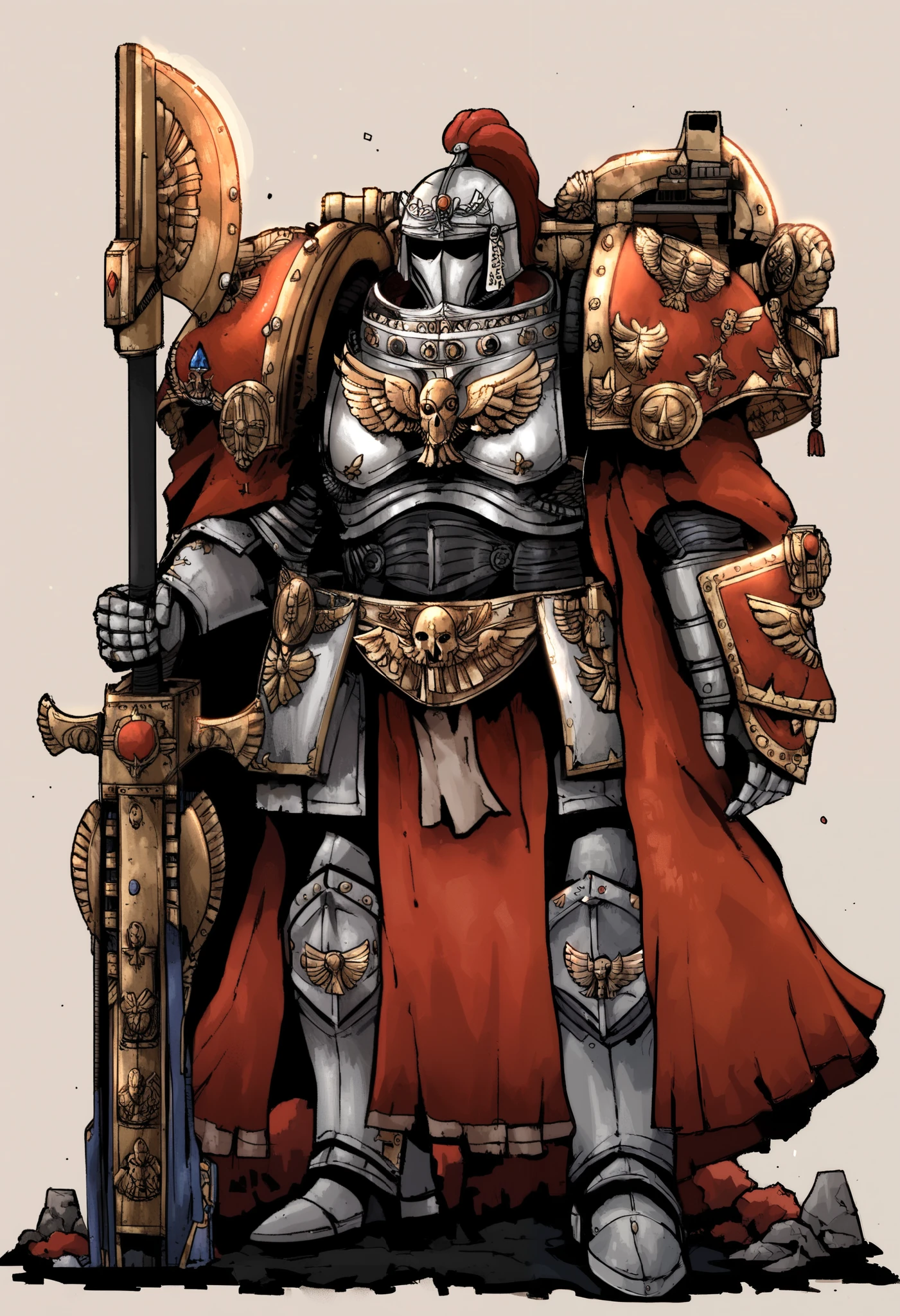 Anime, Concept art, Absurd resolution, high resolution, (masterpiece: 1.4), hyper-detail, warhammer 40k terminator armor, Juggernaut armor, heavy armor, knight, crusader,  full body, glowing weapon, cloak, silver armor, edgy, grimdark, octosoup, 1man, bulky, buff, horror theme, adeptus custodes: 1.5, red plume, loin cloth, crusade helmet,