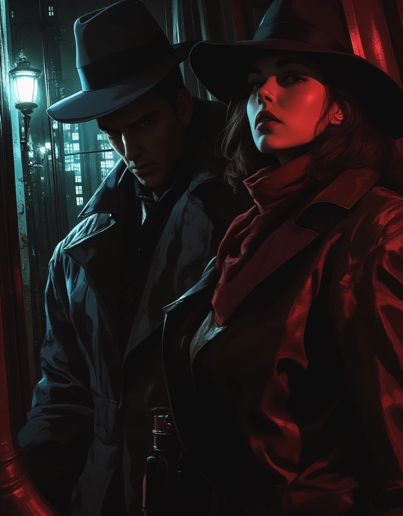 Film Noir, Pulp Fiction, Trapped Detective Story Magazine,  (hard-boiled male, Mysterious woman with a red scarf around her neck), (modern big city), (high contrast and emphasized shadows, Stylish and gloomy visual expression), (crime, suspense), The painting depicts an urban scene of American society, a sarcastic male protagonist, and the enigmatic female characters (femme fatales) that appear around him. Pixel, ArsMovieStill, 50s Noir Movie Still, egmid