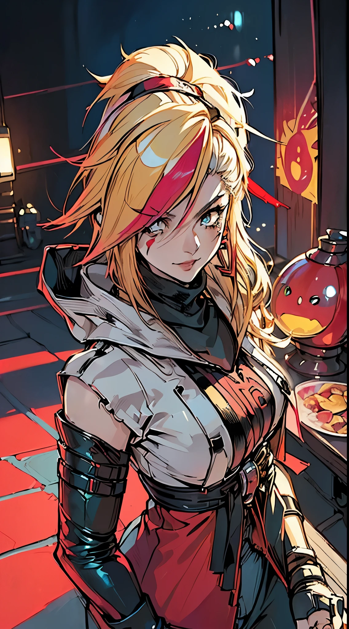 top-quality、Top image quality、masterpiece、evil girl with((18year old、Red, black and blue glowing cyber suit, falda corta, blonde hair streaked with red, black and blues hihlights, mystical,、Shining Cyber White Hoodie、Best Bust、Bust 90、Blonde Away Tail、Red Eyes、Valley、A slender、 insane smile、Red Face tattoo Paint、Black scarf、Reflecting the whole body、Slouch action))hiquality、Beautiful Art、Background with((nightcity、cyberpunked、nightclubasutepiece、Elaborate design、visualart、