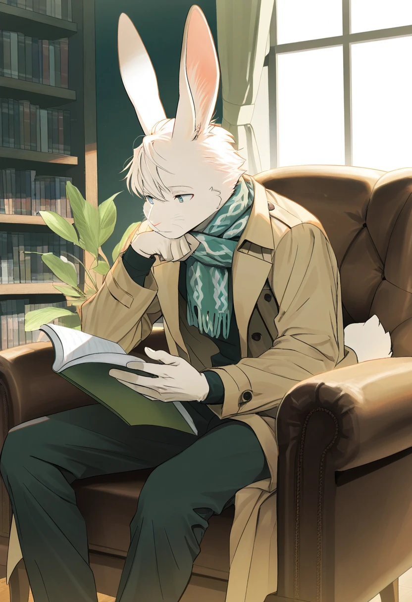 1boy, (furry, kemono:1.3), rabbit girl, animal nose, rabbit ears, rabbit tail, quiet_library, reading_area, man_in_beige_trench_coat, patterned_scarf, deeply_engrossed_in_book, warm_natural_light, large_windows, focused_expression, wooden_armchair, tall_bookshelves, serene_intellectual_atmosphere, soft_library_lights, calming_environment, masterpiece, best quality, very aesthetic, absurdres