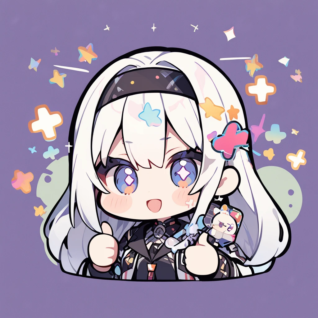 (+ +:1.5), thumbs up, chibi, girl, upper body, holding a smartphone