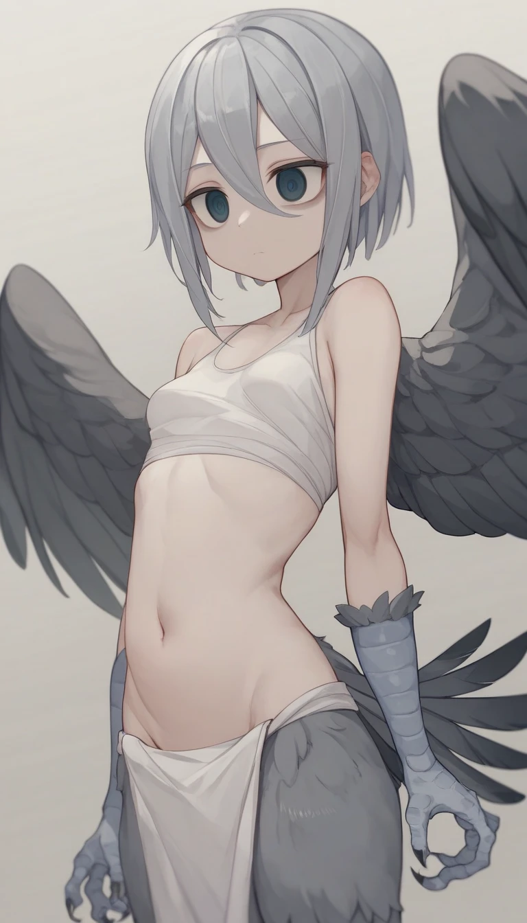 Vast land、draw angle、(Harpy、whole body、 1 girl, expressionless,  round open eyes 、 dark circles under eyes 、 pale skin、 Silver Hair、灰色の羽、small breasts, scaled limbs、 bird foot、 Bird Tail 、 arms are wings 、 feathered arms ,white feathered body 、gray body covered with fur、 (Human face:1.4) 、 belly button、 lower part of fur body  , art:1.1)、Tattered Cloth、On the stomach