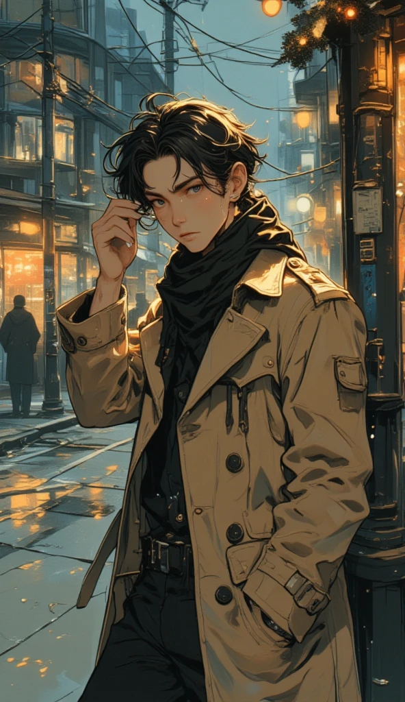 (Masterpiece, High Quality, High Resolution, 8k, 16k, Detail), Handsome man (wearing luxurious beige Burberry trench coat, black scarf), (wild but clean with slightly disheveled hair, young man in 20s, handsome, slender, confident expression), leaning against a street (slightly disheveled, wild but clean, young man in his 20s, handsome, slender, confident expression), leaning against the street, reading an English newspaper, cigarette in hand, turning and looking at me, slightly blurred Christmas street corner in the background, creating an ethereal, dreamlike atmosphere. Portrait, full body, blurred, realistic, cool photo, admired cool, cinematic