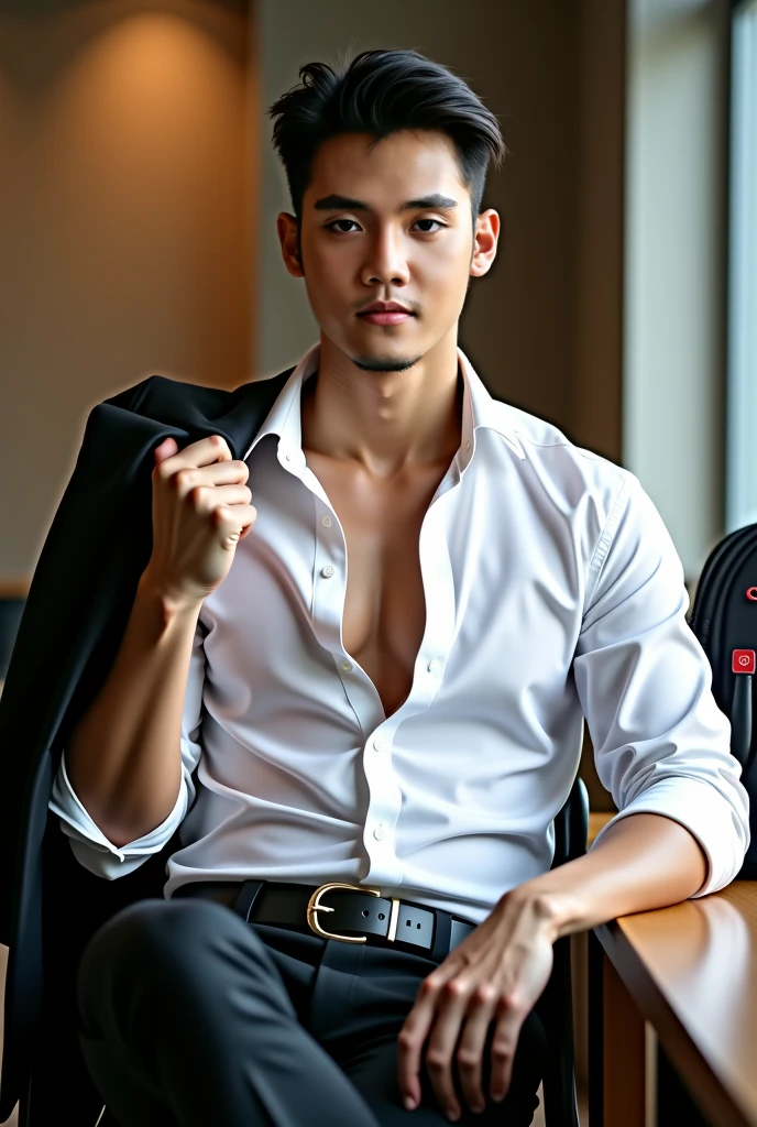 1boy,solo,asian young man,3 days beard,skinny,twink,normal body ,full dressed, ((best quality)),intense gaze ,cover shot , for gq , instagram model,perfect hands , fullbody