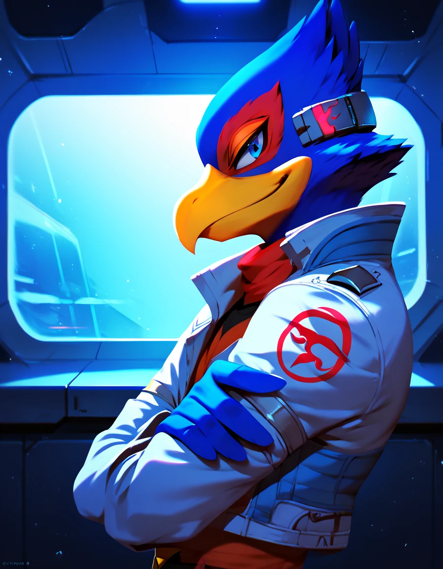 score_9, score_8_up, score_7_up, score_6_up, 1boy, solo, Falco lombardi, inside blue spaceship, nsfw, high resolution, detailed face, high resolution, light blue eyes, evil smile, crossed arms, from side,