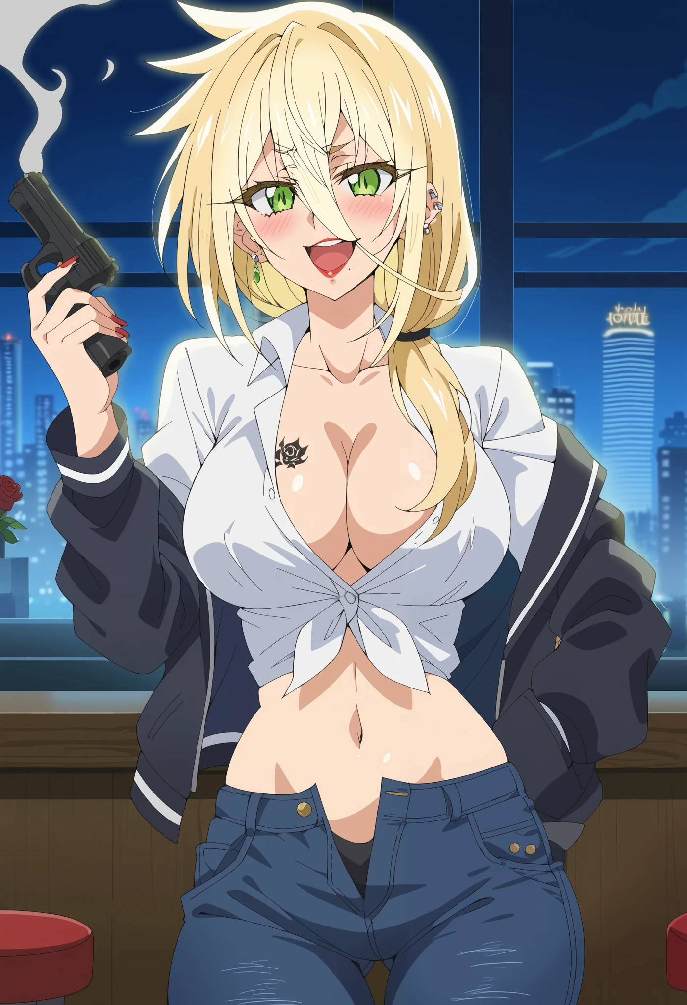 score_9, score_8_up, score_7_up, source_anime, kimimeido grace nitta, long hair, blonde hair, large breasts, hair between eyes, green eyes, mole, mole under mouth, anime screencap,, , ear piercing, long hair, blush, lipstick,Hot girl, baddie, smoking, sensual, attractive ,bar background, inside bar,indoors, cityscape, casino, nightclub, city lights, masterpiece,high quality,4k,belly,,holding pistol,cleavage, unbuttoned shirt, shirt, knot, indoor,smile, open mouth, (nsfw) not safe for work, evil expression, exposed belly, exposed navel, exposed midriff, exposed lower belly, ,jacket, unbuttoned jeans , low rise black jeans, Low rise jeans, Low rise jeans with open fly, nipple slip, dragon tattoo, tattoo midriff, rose tattoo, shiny skin