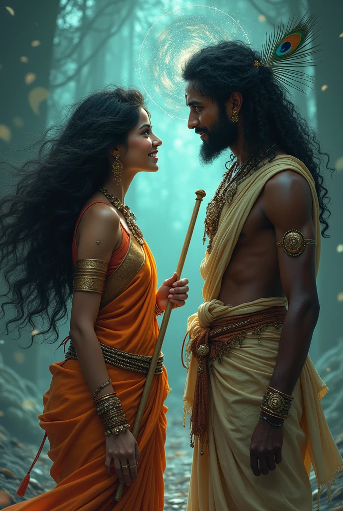 In cinematic 3D cartoon style. Shiva Tests Parvati: Depict Lord Shiva disguised as a humble sage, questioning Parvati about her devotion to him. Parvati, unwavering in her love, defends her choice with fierce determination.
