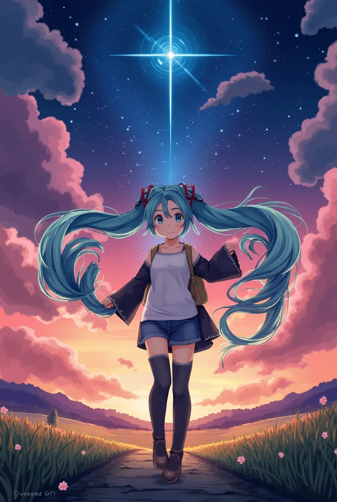 (masterpiece、 top quality 、 top quality 、 Official Art、 beautiful beautiful:1.2)、(1 person:1.3) Hatsune Miku 、 twin tails, Beautiful breasts ,  cute girl,( beautiful and spectacular skyline, Majestic Sky), (Extremely tense and dramatic photos , Moving visual effects), ( North Star hanging high , Colorful natural light), (1 personの女の子), (Long sleeve top,  DENIM SHORTS,  carry a backpack), ( dynamic pose:1.3,  dark eyes, Kurohime Cut, Shining Girl)[:0.8], ( Vast Prairie ), ( Approaching Breeze ), (  Brown Hair Photorealistic Movie Stills and Background Adjustment Effects: 1.2), ( close-up shot ,  long shot mix and match)[::0.9]