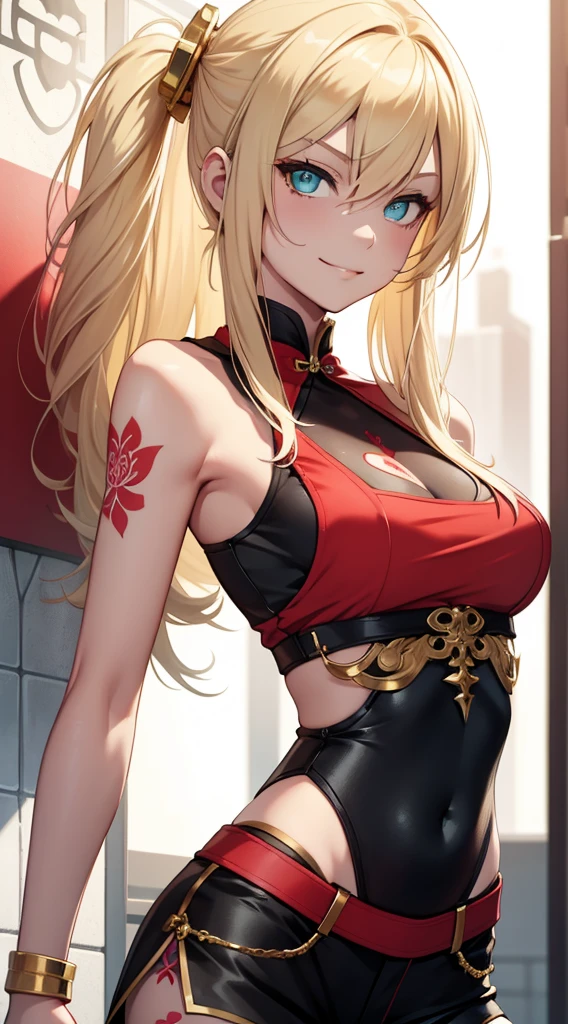 young girl, longue blonde hair, Cyan eyes, Tatoo, smirk, Red Chinese Top, Sleeveless, neckline on the chest, open breasts, Gold Elements, Shorts, tmasterpiece, hiquality