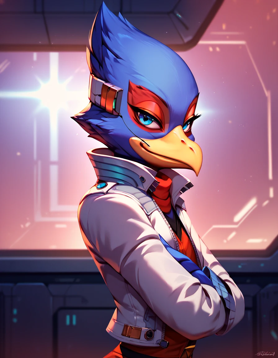 score_9, score_8_up, score_7_up, score_6_up, 1girl, solo, Falco lombardi, inside blue spaceship, nsfw, high resolution, detailed face, high resolution, light blue eyes, evil smile, crossed arms, from side,