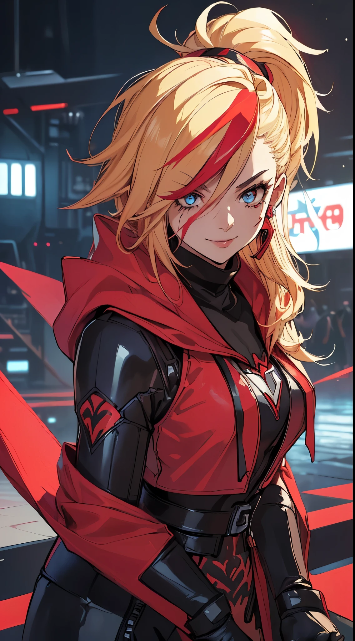 top-quality、Top image quality、​masterpiece、evil girl with((18year old、Red, black and blue glowing cyber suit, falda corta, blonde hair streaked with red, black and blues hihlights, mystical,、Shining Cyber White Hoodie、Best Bust、Bust 90、Blonde Away Tail、Red Eyes、Valley、A slender、 insane smile、Red Face tattoo Paint、Black scarf、Reflecting the whole body、Slouch action)）hiquality、Beautiful Art、Background with((nightcity、cyberpunked、nightclubasutepiece、Elaborate design、visualart、