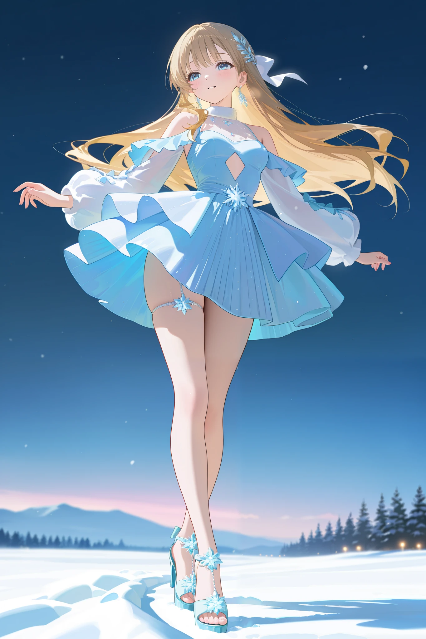 masterpiece, best quality, amazing quality, very aesthetic, high resolution, ultra-detailed, absurdres, newest,
(ice fashion), full body view of an adult woman, sexy dress made of ice and snow, cutout, thighs, legs, snow thighstrap, ice sandal-heels, curvaceous, winter garden, night
smooth anime style, masterpiece, best quality, amazing quality, very aesthetic, high resolution, ultra-detailed, absurdres, newest, scenery, breathtaking visuals, cool dreamy aesthetics, raytracing, 8k, ultra high definition, (subtle depth of field:0.25), (subtle bloom:0.5), soft lights, rich vivid colors, vibrant textures, captivating visuals,