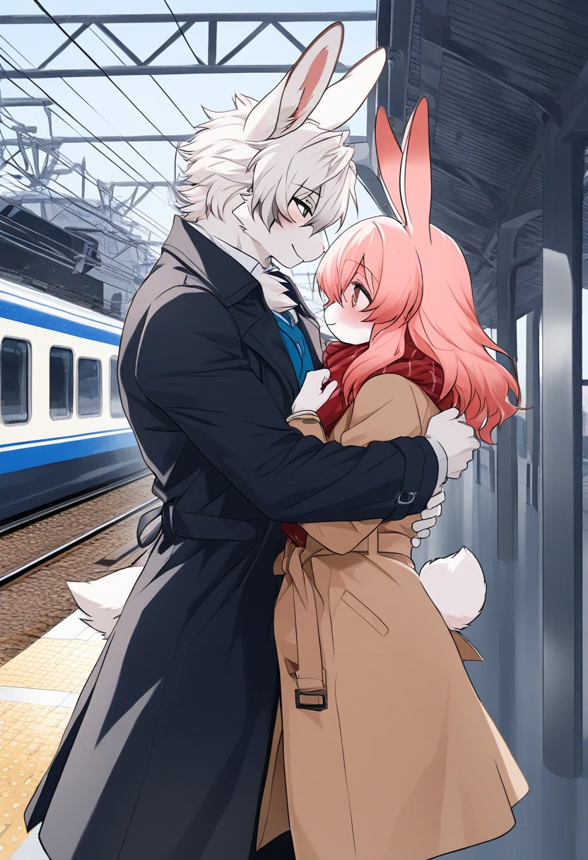 1boy, (furry, kemono:1.3), rabbit boy, animal nose, rabbit ears, rabbit tail, 1girl, (furry, kemono:1.3), rabbit girl, animal nose, rabbit ears, rabbit tail, gentle_evening_glow, train_station_platform, couple_in_elegant_trench_coats, stylish_scarves, warm_hug, joy_and_relief, commuters, train_waiting_at_platform, warm_soft_light, serene_and_touching, connection_and_love, masterpiece, best quality, very aesthetic, absurdres