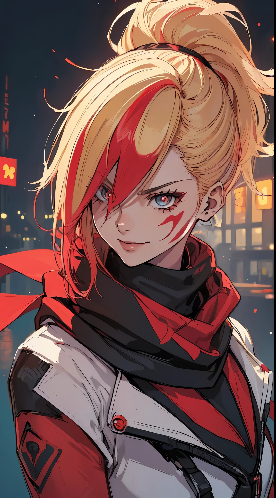 top-quality、Top image quality、​masterpiece、evil girl with((18year old、Red, black and blue glowing cyber suit, falda corta, blonde hair streaked with red, black and blues hihlights, mystical,、Shining Cyber White Hoodie、Best Bust、Bust 90、Blonde Away Tail、Red Eyes、Valley、A slender、 insane smile、Red Face tattoo Paint、Black scarf、Reflecting the whole body、Slouch action)）hiquality、Beautiful Art、Background with((nightcity、cyberpunked、nightclubasutepiece、Elaborate design、visualart、