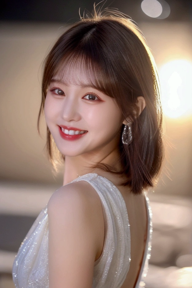  night background, Human-like、 looking at camera,  has lowered the outer corner of her eye, White teeth, ((20 years old)),  top quality ,  super high res, ( realistic: 1.4),  bright smile, ((The light shines)),  upper body, ( Center Split Hairstyle ), ((turn around)),  beauty