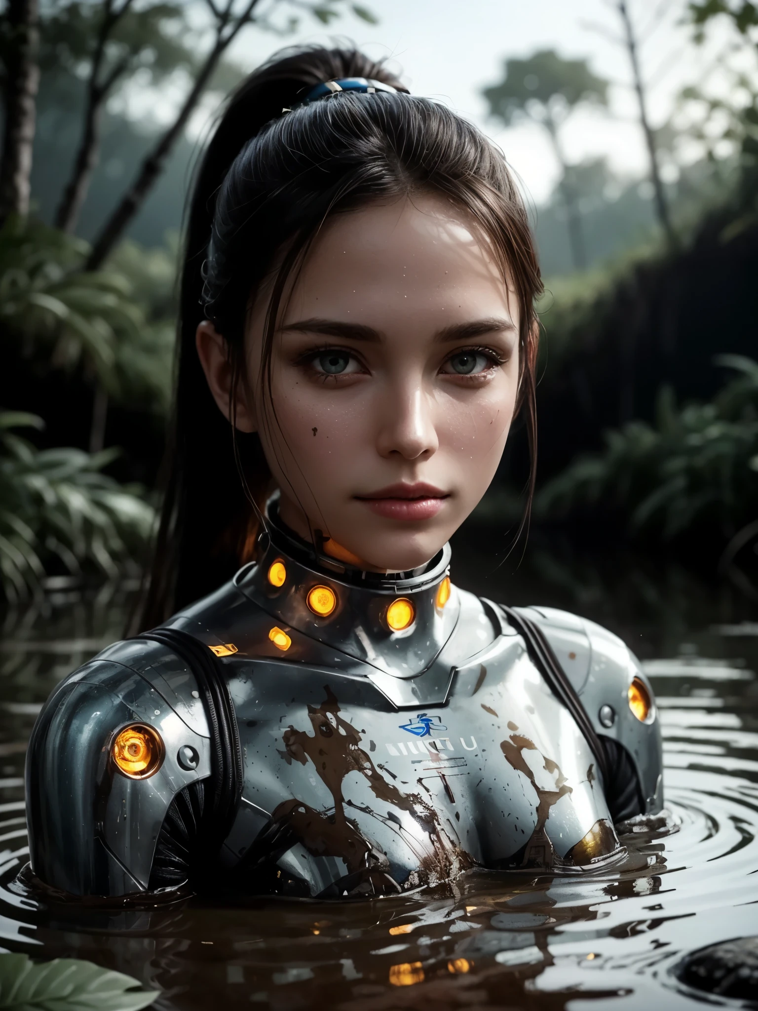 (best_quality, masterpiece:1.2), (highly detailed), (4k, 8k, uhd, high_resolution, highres), girl, sleek high-tech space suit, funnel collar, astronaut, led line ensemble, long hair, ponytail, looking at viewer, sharp focus, (close-up shot:0.6), (half-submerged in the swamp:1.2), (mud:1.2), trees, bushes, (dirty:1.2), concept art, absurd resolution, high resolution, masterpiece, hyper-detail, mech, cybernetics, cyborg, mechanical, tubes, wires, cybernetic eye, tech, mechanical joints, fire, mercury, pearls, nautilus, gold, dingdall effects, light and shadow instensification, virtual engine, studio lighting, fantasy atmosphere, vibrant colors, surface reflected light,