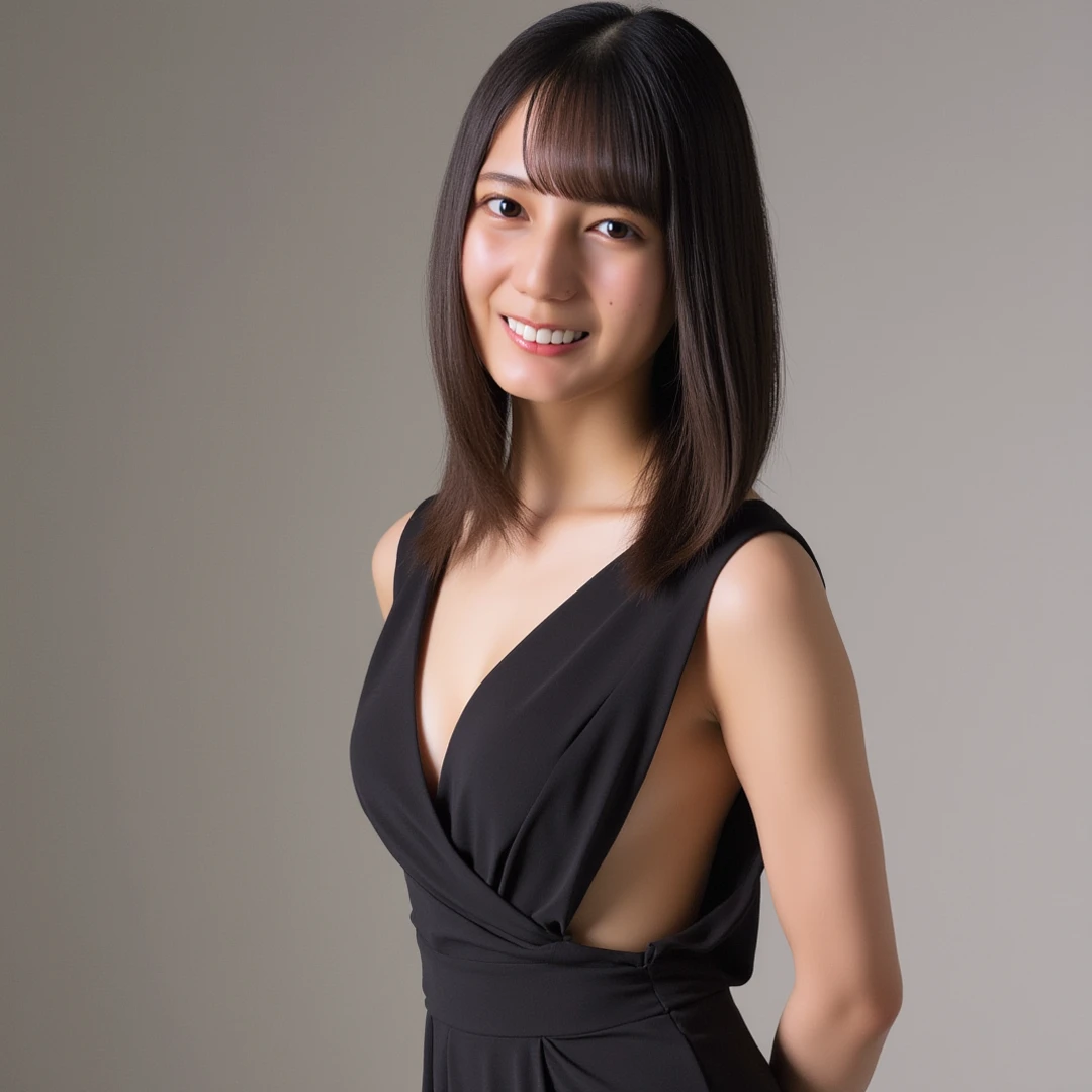 ((( High resolution,top quality, super detailed, Masterpiece , very detailed,realistic,real person,Ultra detailed skin))) ,simple background, from front, medium shot, (upper body), looking at viewer , light smile, ,(standing), black hair, medium hair, medium breasts, cleavage,evening dress, deep slit,(cleavage cutout), arms behind back